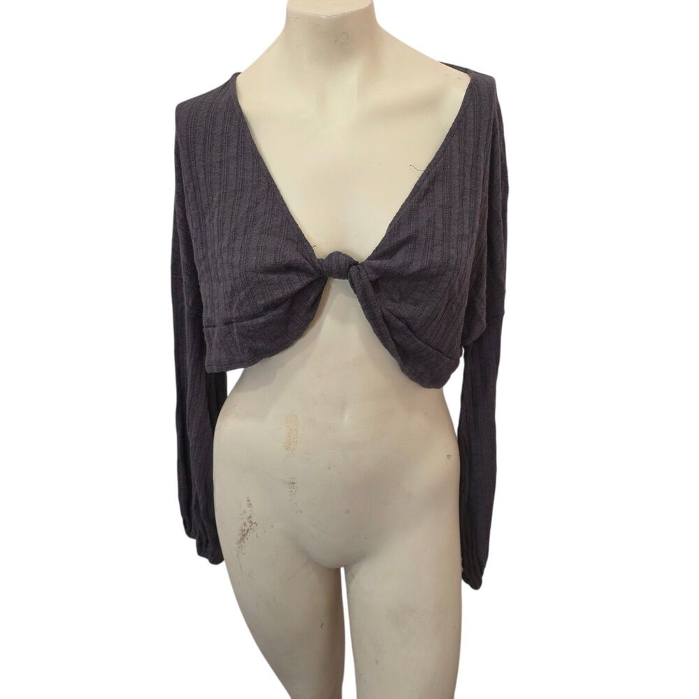 Another Reason XL Tie Front Crop Top Gray Gauze Boho Festival‎ Long Sleeve